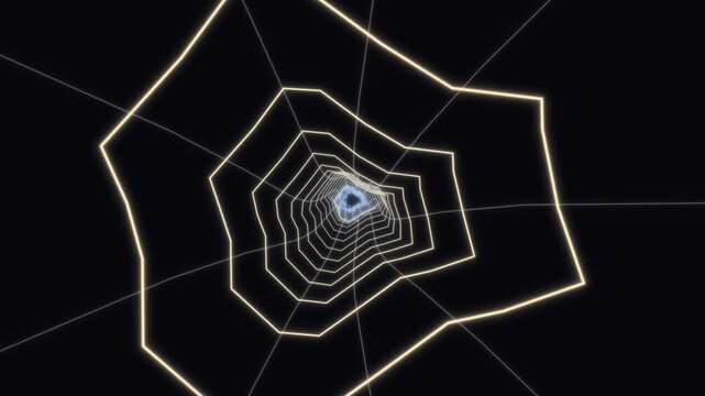 Abstract neon geometric web tunnel on black background