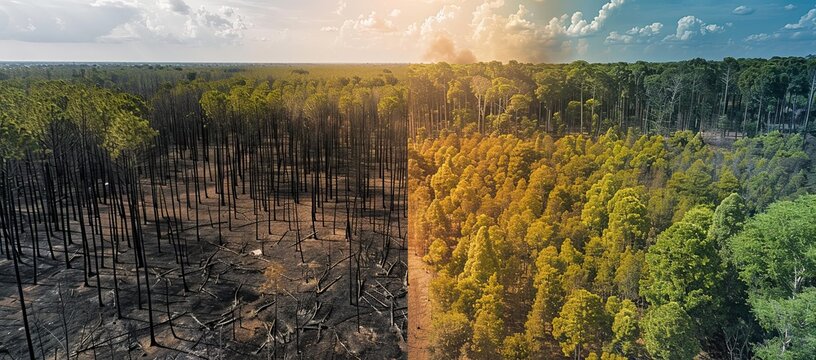 Aerial view composite image starkly showing a sharp midline contrast between a burnt wildfire disaster zone covered in charred tree trunks and scorched soil on the left, and a lush healthy dense