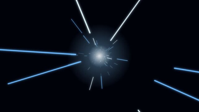 Blue and white light streaks flying in hyperspace warp speed tunnel