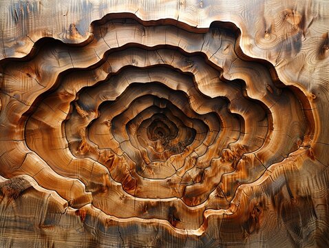 Stunning concentric layered geology formation featuring rugged rock texture in warm earth tone hues, mimicking an eroded canyon or giant natural sinkhole with gradual strata shrinking toward a dark