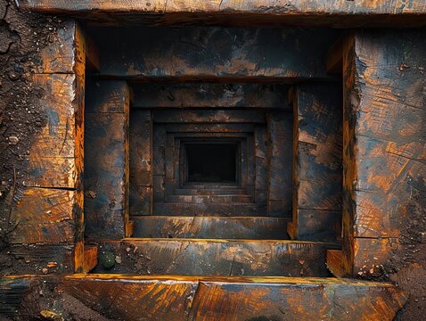 Abandoned square tunnel features repeating nested rusty old frames stretching along perspective lines, highlighting striking depth as light fades from the foreground into total end darkness