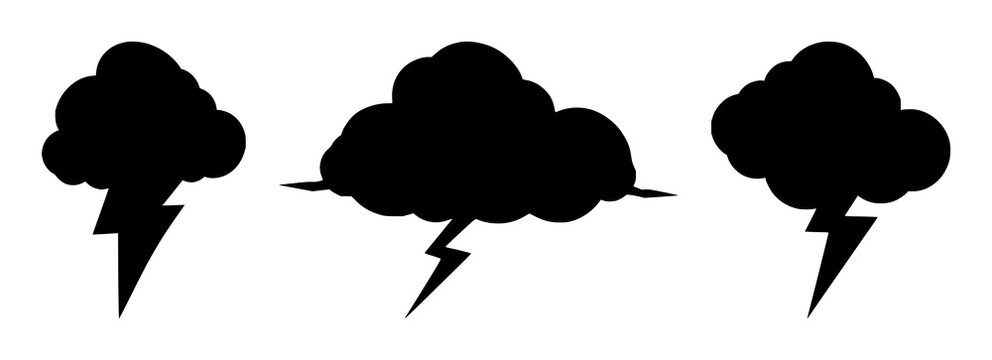 Thunderstorm set with black silhouette storm clouds featuring lightning bolts, heavy rain, dark skies with dramatic weather and natural phenomena