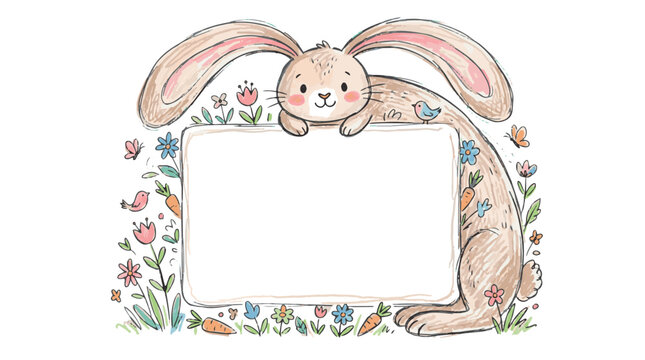 Cute rabbit crayon sketch frame with long ears vector