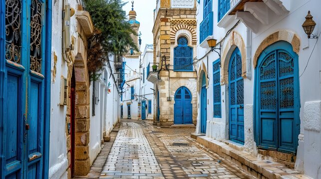 A narrow cobblestone old town street in Tunisia&rsquo;s North African medina lined with white and blue traditional Islamic architecture, stretching under soft daylight towards a distant domed mosque