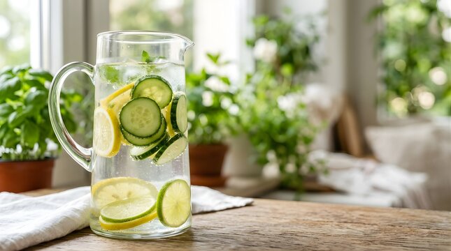 Fresh cucumber and lemon infused water in a glass pitcher on a wooden table