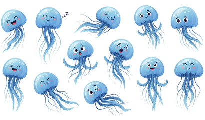 Funny Marine Jellyfish Character Collection Vector Illustration Isolated on White © ajgar