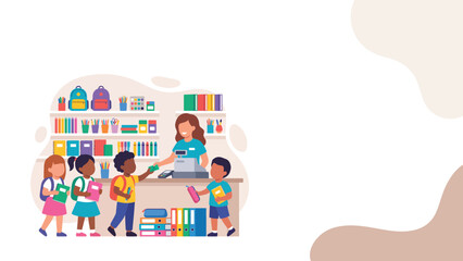 Children browsing colorful bookshelves with librarian in school library. © Kyle