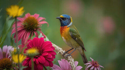 Fototapeta premium Colorful exotic bird perched among bloom with vibrant flowers and soft bokeh