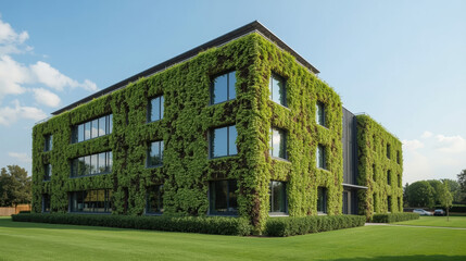Obraz premium Modern sustainable office building with lush green living walls and serene lawn, calm atmosphere