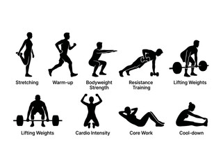 Obraz premium Fitness exercise icons showing stretching warm up bodyweight strength resistance training and weight lifting Silhouette