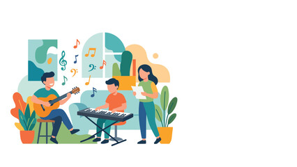 Three musicians jamming together in a colorful home studio session. © Kyle
