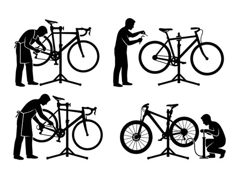 Bicycle maintenance and repair steps shown as silhouettes in four panels Silhouette