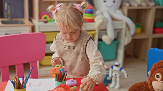 Little blonde girl stacking plastic rings with hands on a red table among crayons, a stuffed monkey, toy dinosaur and robot in a playroom building; quiet concentration.