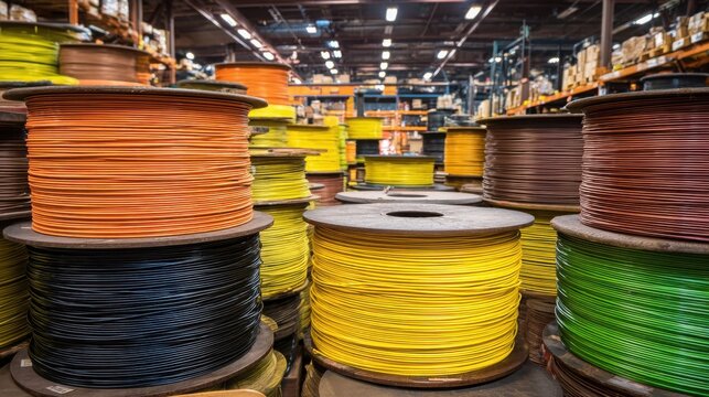 Large Industrial Spools of Thick Wire Stacked in a Warehouse Storage Facility