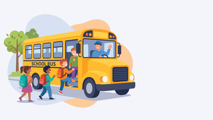Children boarding a yellow school bus with smiling driver and backpacks. © Kyle