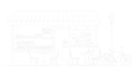 Obraz premium Minimalist cafe storefront with outdoor seating and bicycle, line art illustration