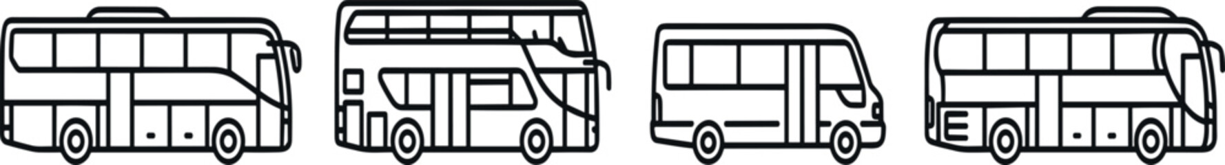 Bus Side View Collection with Coach Double Decker Minibus and Public Transportation Line Art Vector Illustration Set © Mst