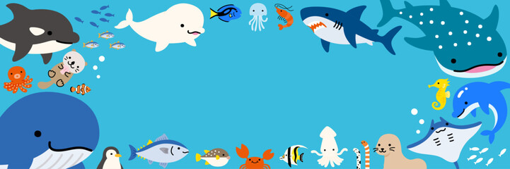 Fototapeta premium ポップでかわいい海の生き物のフレーム背景イラスト素材