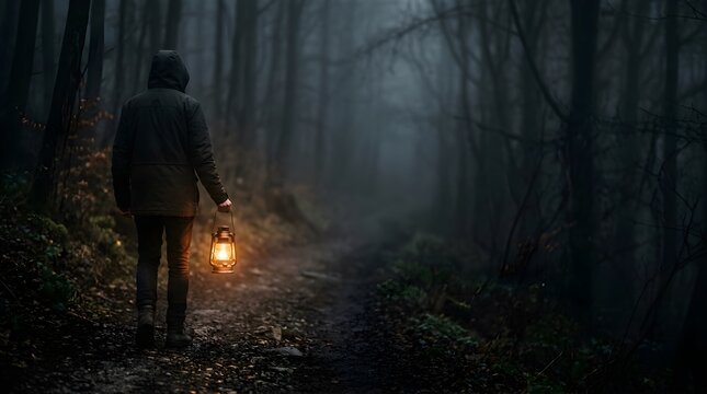 Person walking with lantern on a dark foggy forest path at night