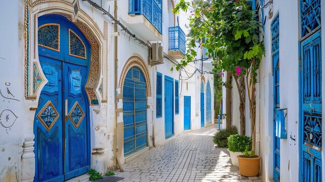 Sunlit quiet residential street in a maghreb coastal town of north africa, narrow alley lined with white and blue tunisia style mediterranean architecture, dotted with green vegetation and potted
