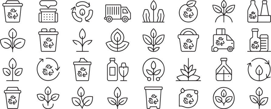 Recycling Icons Set with Leaf, Bin, Truck, Bottles, Plants, and Circular Symbols in Clean Outline Style