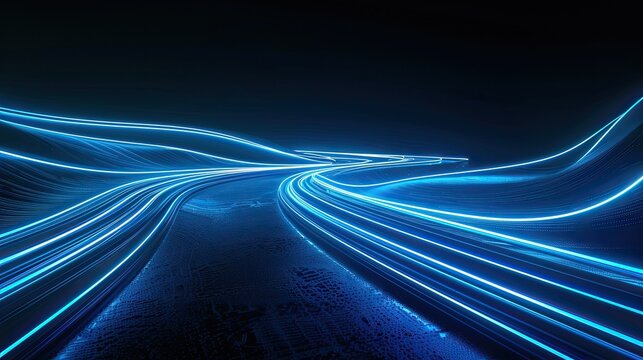 Futuristic abstract digital tunnel scene with dynamic flowing blue light, neon glow light strips stretching along the curved perspective path to the distant dark background, creating strong motion