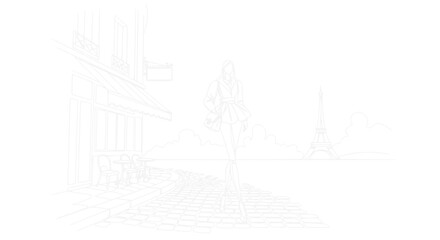 Fototapeta premium Parisian street scene illustration with woman and Eiffel Tower sketch