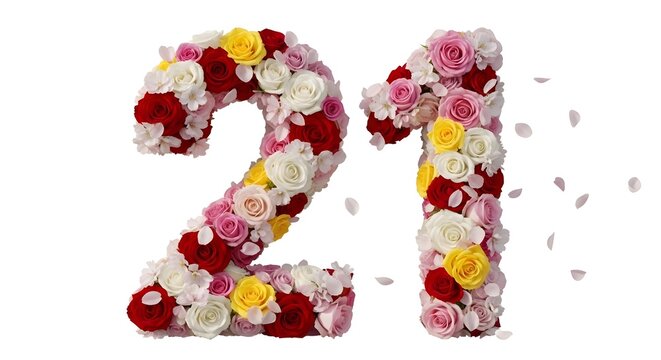 Number twenty one composed of colorful roses on white background