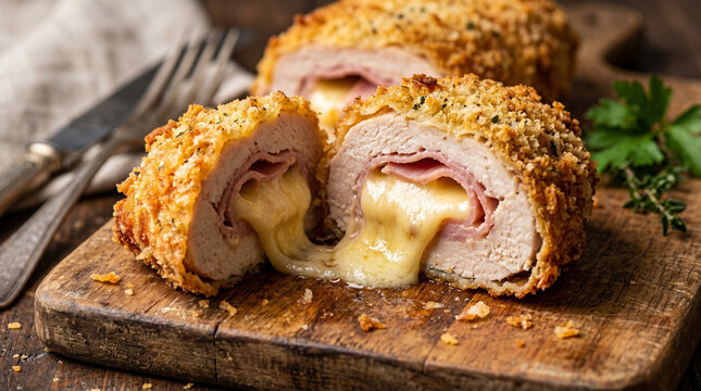 Chicken cordon bleu, melted cheese close up