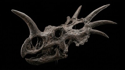 Fototapeta premium A detailed fossil of a dinosaur Styracosaurus skull with large horns and a prominent frill, displayed against a dark background