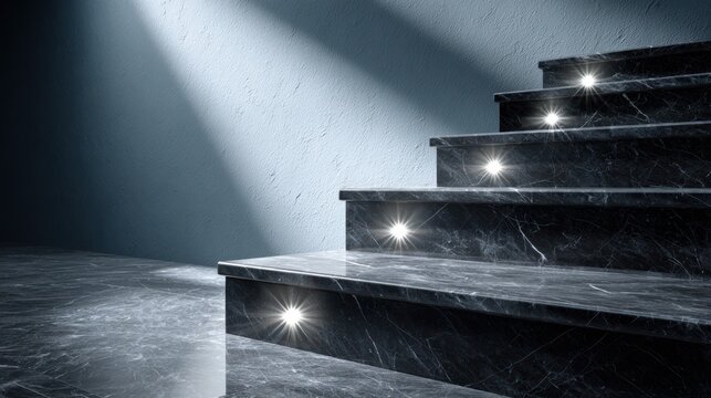 Illuminated dark marble steps ascend beside a textured wall receiving dramatic light rays