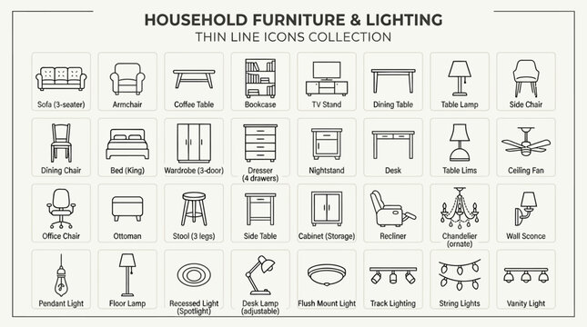 Household furniture and lighting thin line icon set.