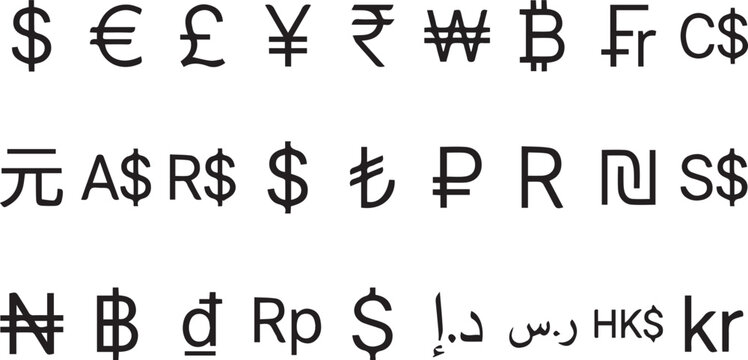 Global currency symbols vector set, international money signs collection, black financial icons for banking and exchange apps
