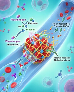 Medical illustration depicting the process of fibrinolysis, the breakdown of blood clots by plasmin