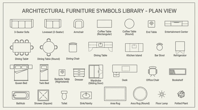 Architectural furniture symbols library in top-down plan view.