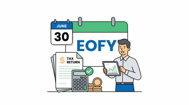 A professional illustration of End of Financial Year (EOFY) tax season, featuring a man managing financial documents, calculator, and tax reports on a June 30 calendar background.