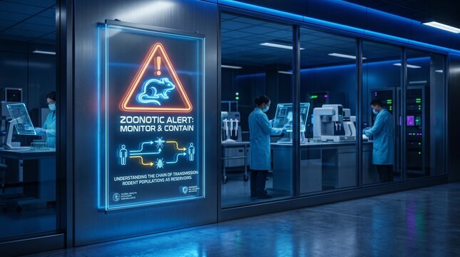 Scientists in lab coats working in a laboratory with a zoonotic alert sign on the wall about monitoring and containing rodent populations as reservoirs understanding the chain of transmission