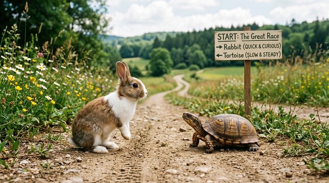 A brown and white rabbit and a tortoise standing on a dirt road with a sign that reads the great race