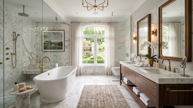 Luxurious modern bathroom interior with freestanding tub and double vanity, marble tiles and gold fixtures, large window with garden view