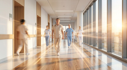 Fototapeta premium Modern hospital corridor with healthcare staff, medical facility interior, healthcare professionals, patient care environment, Scandinavian architecture, hospital operations, sunrise lighting