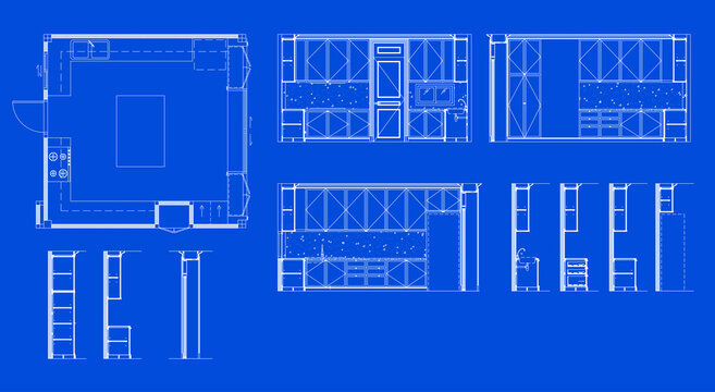 Kitchen Built In Cabinet Construction Blueprint Vector with Space Planning Layout Furniture Arrangement Elevations Sections and Interior Design Details