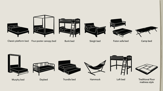 Silhouettes of various bed frame and mattress styles.