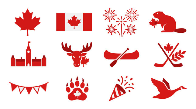 Flat vector icon set of national Canada symbols