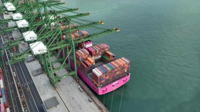day time singapore city port terminal container ship loading bay dock aerial panorama 4k    