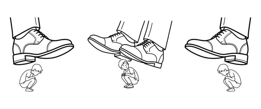Symbolic illustration of large shoes about to crush a small boy, conveying themes of oppression, power imbalance, and vulnerability.