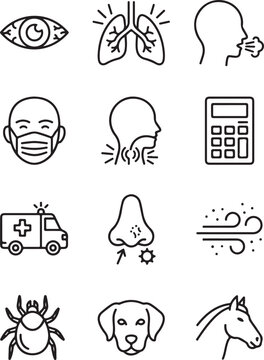 Allergy Symptoms Icons with Medical Illnesses and Triggers in Flat Line Style