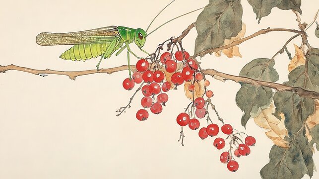 Traditional Chinese watercolor green katydid upper left on branch red berry cluster center vertical green brown leaves tree branches right beige rice paper background serene