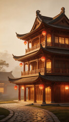 Obraz premium Traditional Asian multistory building emphasizing the majestic scale of the natural world