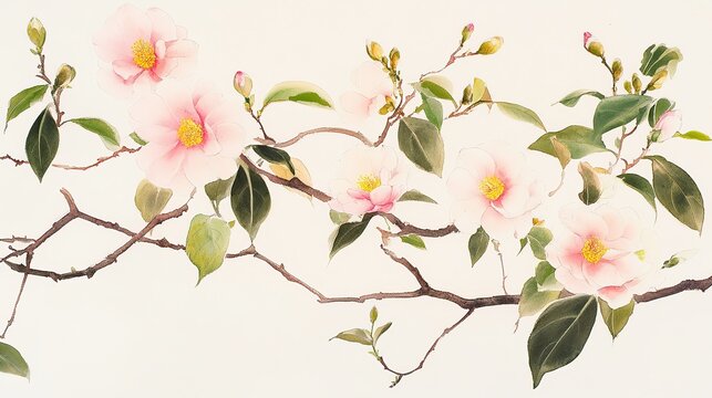 Camellia watercolor painting pink blooms buds dark brown branches open flowers delicate pink petals closed buds green yellow sepals oval green leaves light beige ground vertical natural
