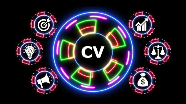 Neon circle design featuring cv letters surrounded by professional icon set art.